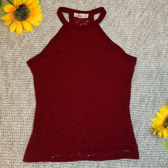 Hollister Maroon Lace Halter Tank Top with Sheer Back - Picture 1 of 8